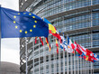 Die Flagge der EU und die Flaggen aller EU-Mitgliedsstaaten vor dem Europäischen Parlament in Straßburg